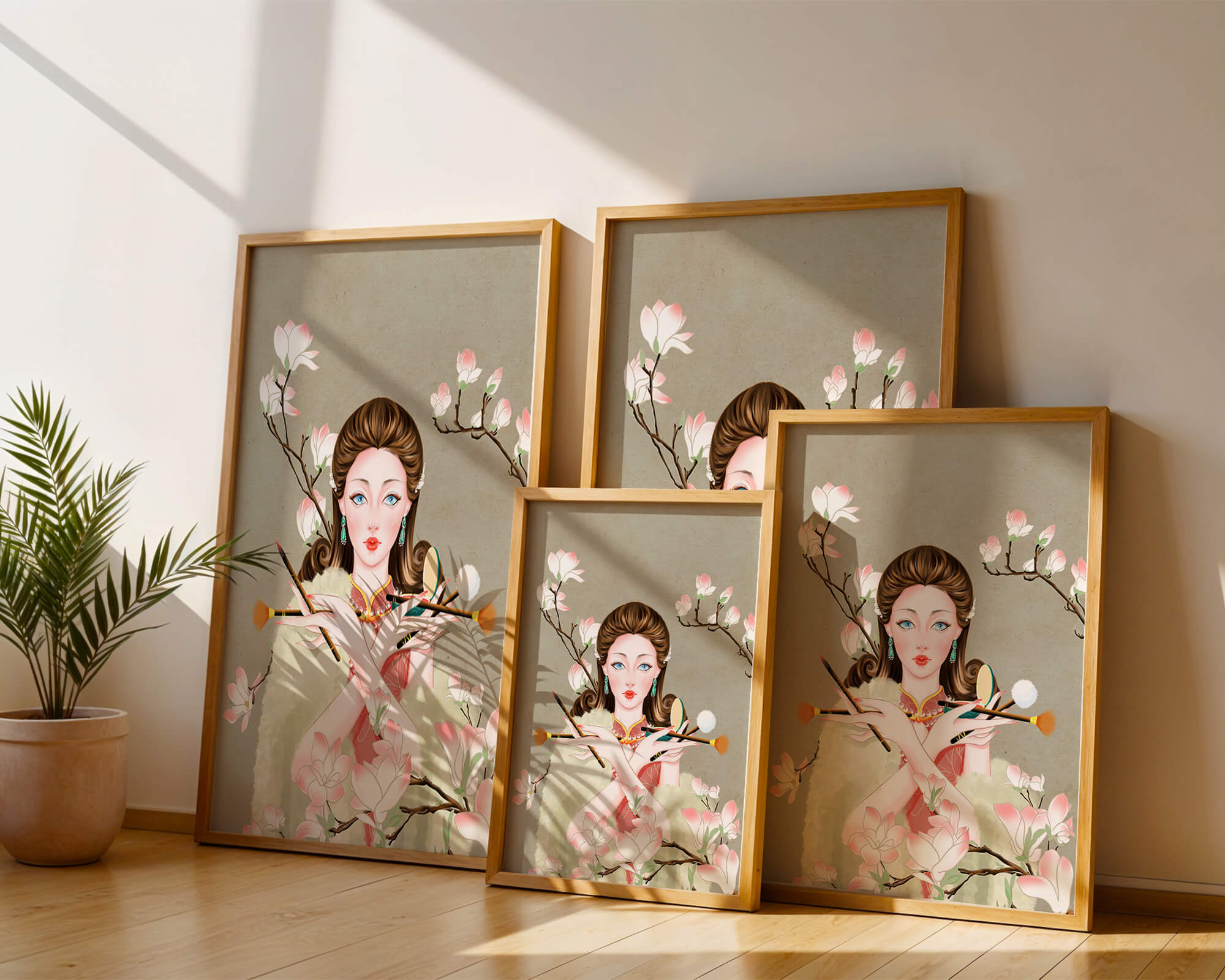 Elegant woman with makeup tools amidst blooming magnolia branches