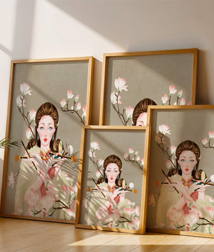 Femme élégante avec des outils de maquillage parmi des branches de magnolia en fleurs
