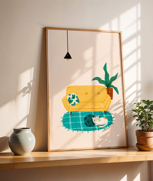 Cozy Living Room with Yellow Sofa and Sleeping Cat