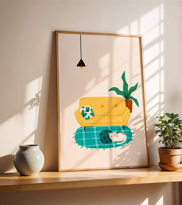Cozy Living Room with Yellow Sofa and Sleeping Cat