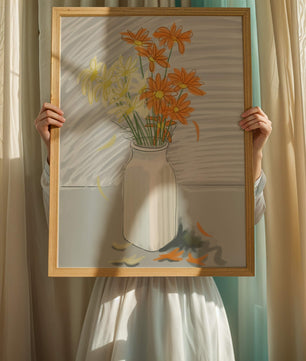 Vibrant daisies in a white vase illustration