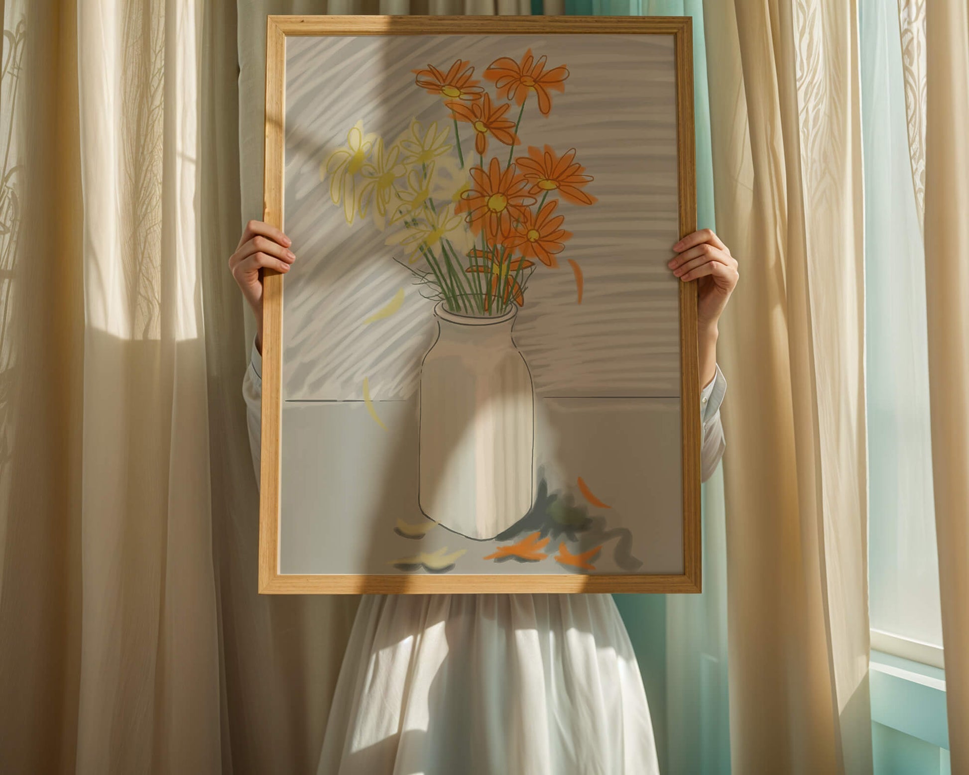Vibrant daisies in a white vase illustration