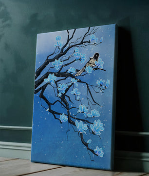 Blue Blossoms on Branch with Bird in Winter Scene