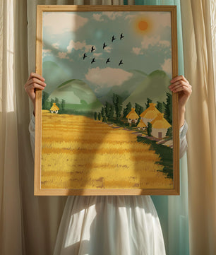 Sunny Countryside With Birds And Golden Fields