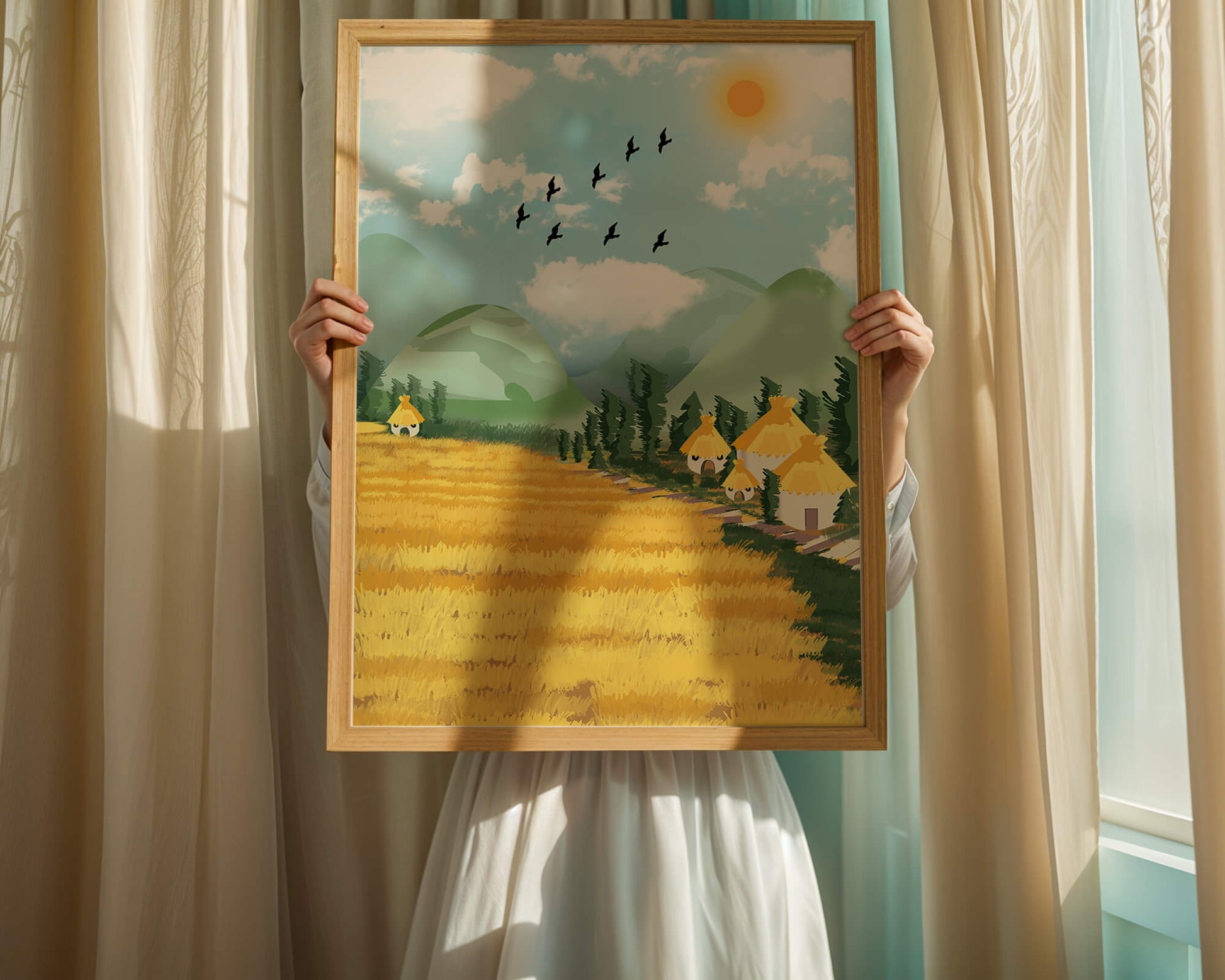 Sunny Countryside With Birds And Golden Fields