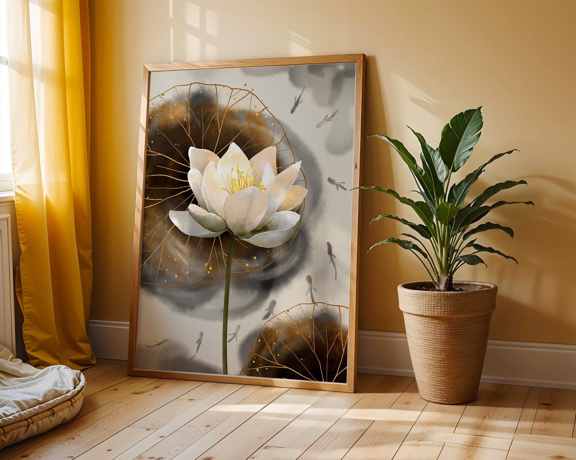 Illustration of a lotus flower with golden accents