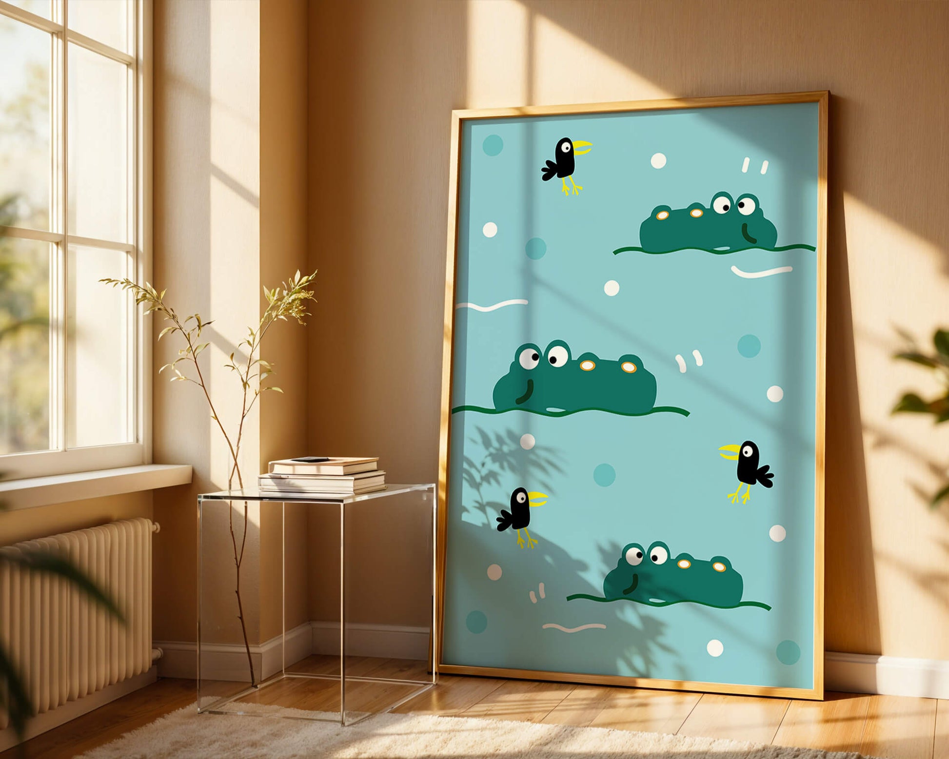 Playful cartoon crocodiles and birds on blue patterned background
