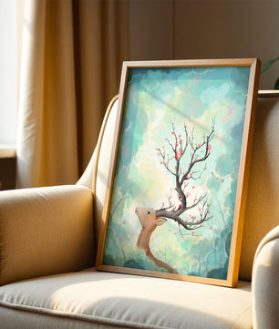 Ciervo surrealista con ramas como cuernos sobre fondo nublado en tonos pastel