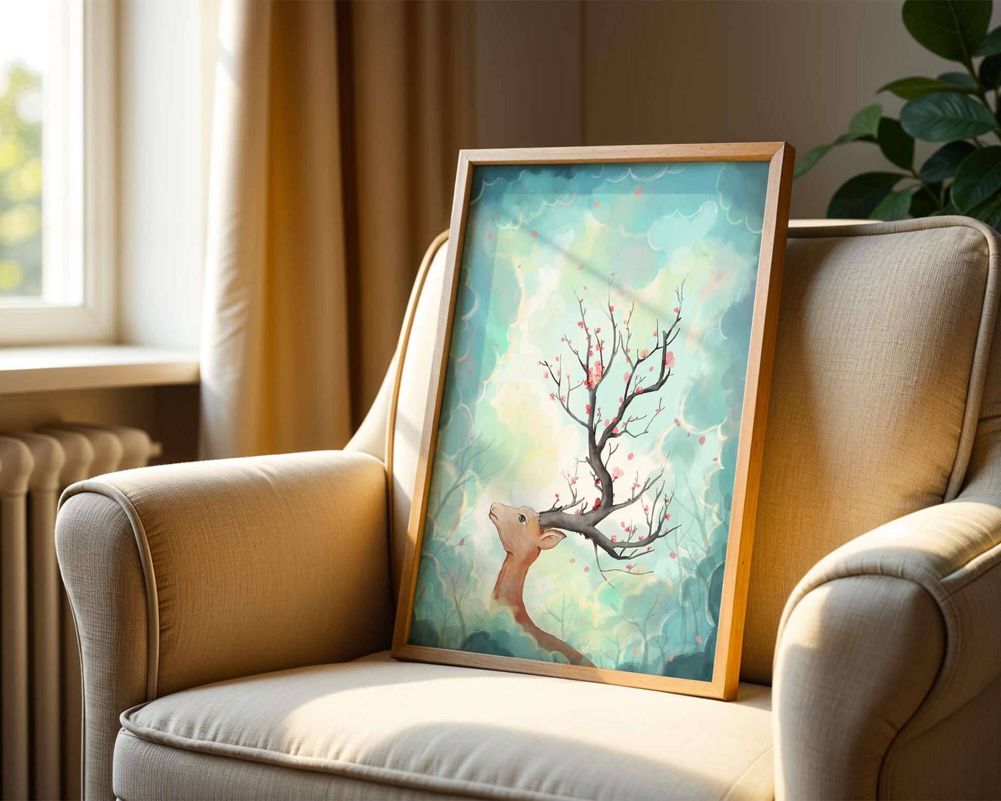 Surreal deer with branches for antlers in a pastel cloudy background