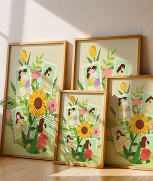 Ilustración de momentos familiares con fondo floral vibrante