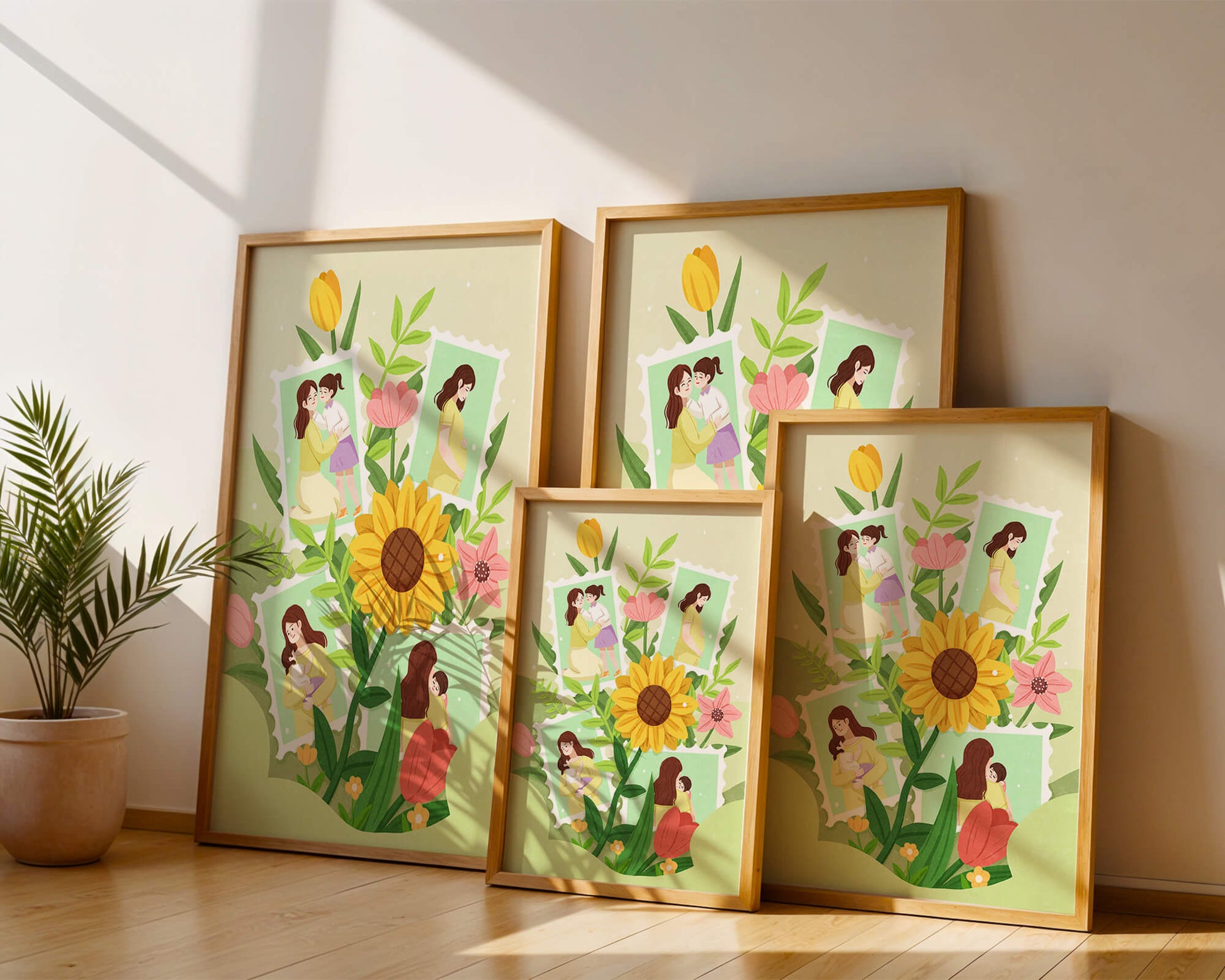 Ilustración de momentos familiares con fondo floral vibrante