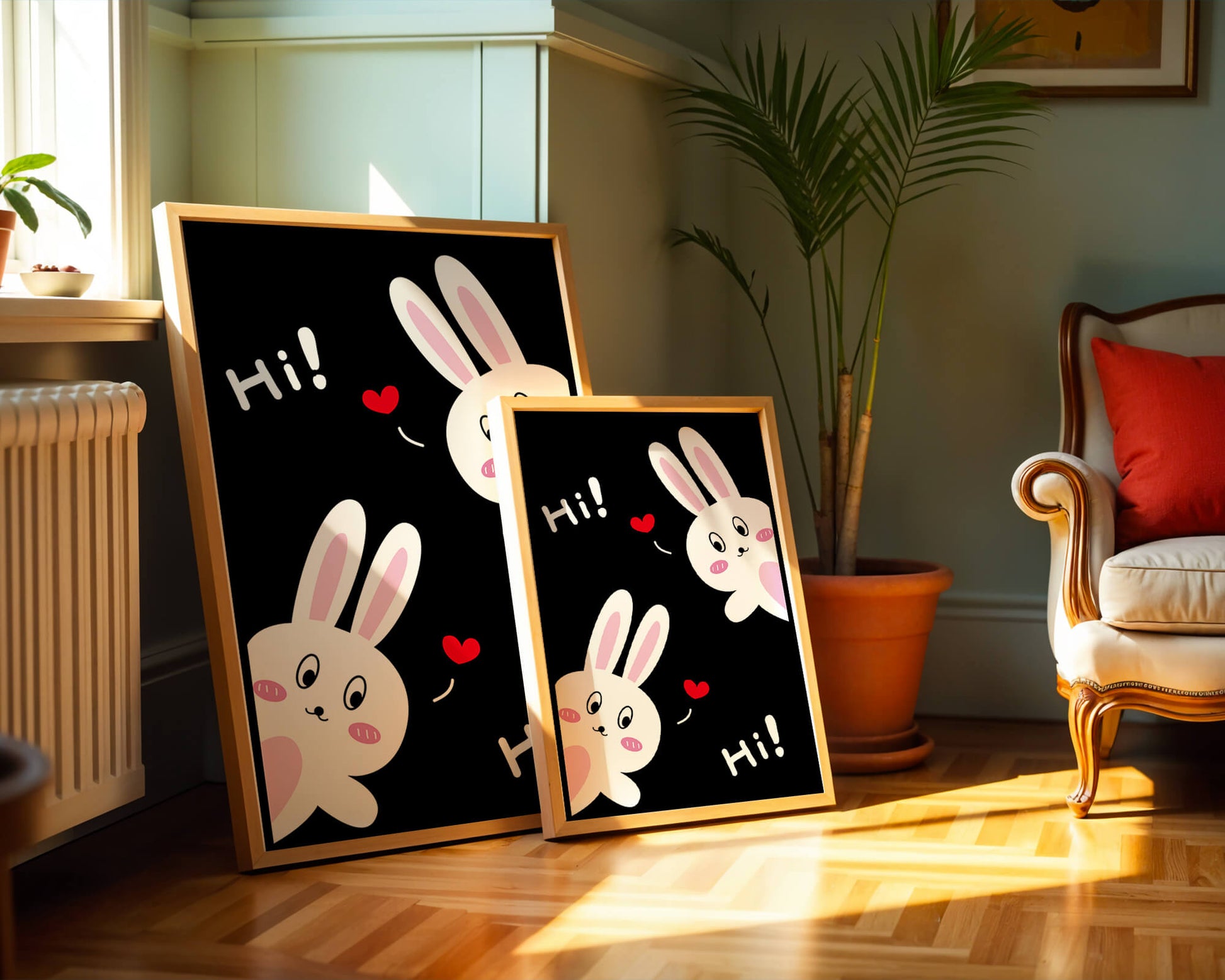 Charming bunny illustration with hearts on black background