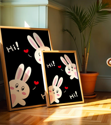 Charming bunny illustration with hearts on black background