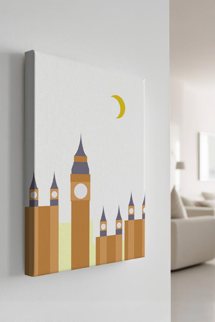 Minimalist illustration of iconic clock tower with crescent moon
