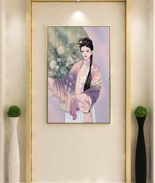 Elegant Asian Woman in Traditional Attire with Floral Background - Mi tienda
