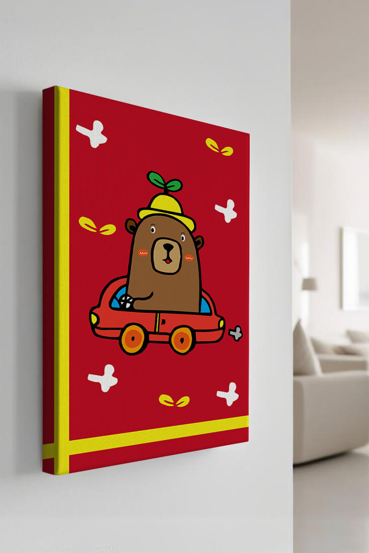 Whimsical bear driving a car on a bright red background