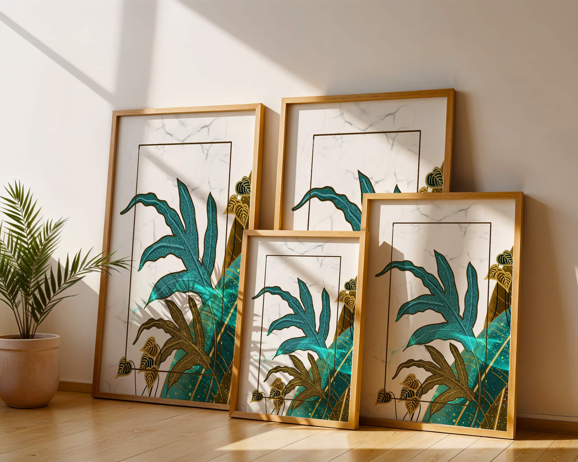 Abstract botanical art with blue and gold leafy designs
