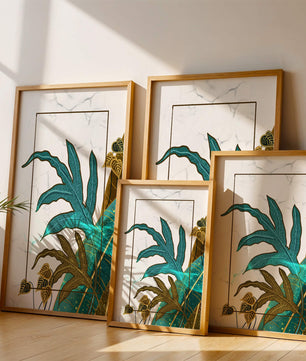 Abstrakte botanische Kunst mit blauen und goldenen Blattmustern