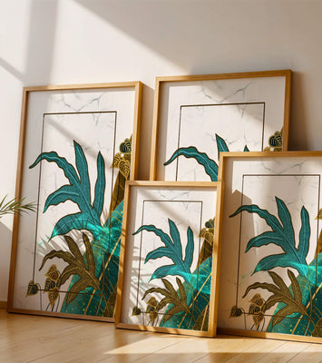 Abstract botanical art with blue and gold leafy designs