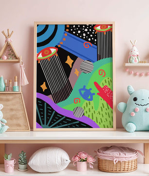 Œuvre d'art psychédélique abstraite colorée avec des formes géométriques et des yeux