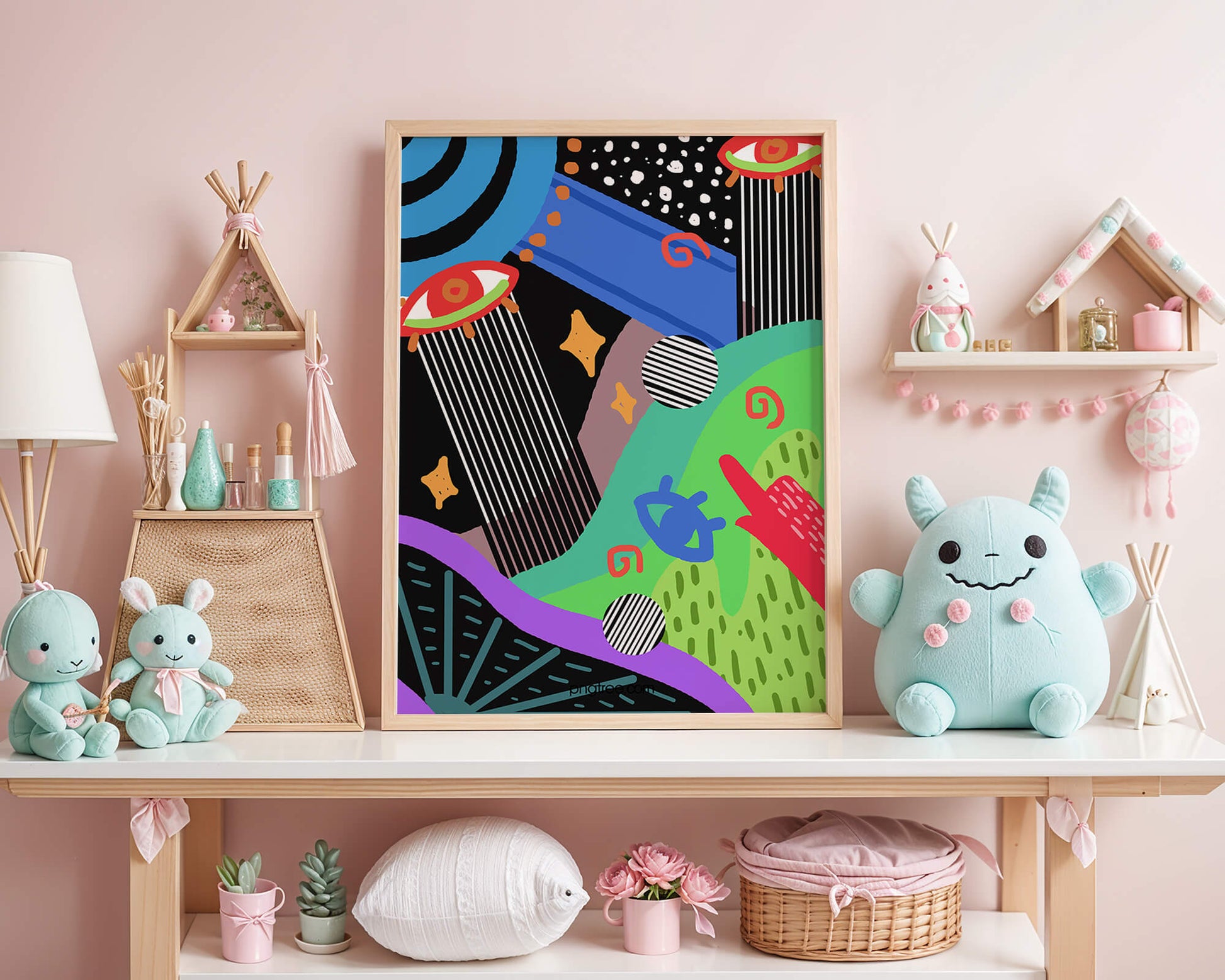 Œuvre d'art psychédélique abstraite colorée avec des formes géométriques et des yeux