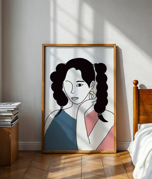 Minimalist Illustration of a Woman with Braided Hair and Gold Earring - Mi tienda