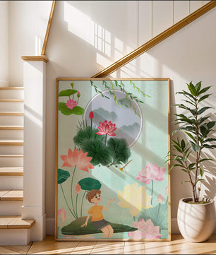 Serene illustration of a child in a lotus garden with vibrant flora