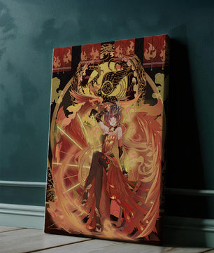 Art fantastique d'une fille avec un phénix majestueux aux couleurs flamboyantes
