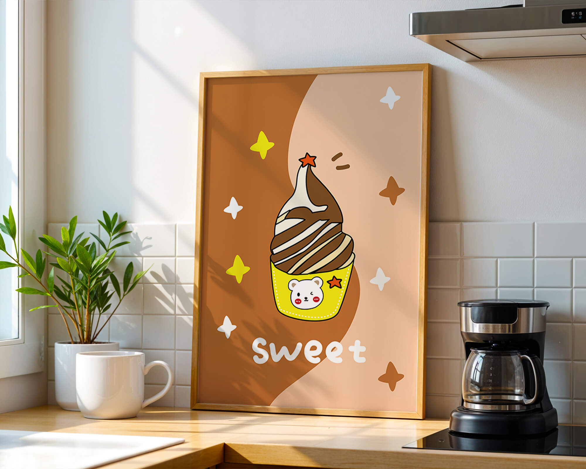 Adorable ice cream design with kawaii bear and colorful background