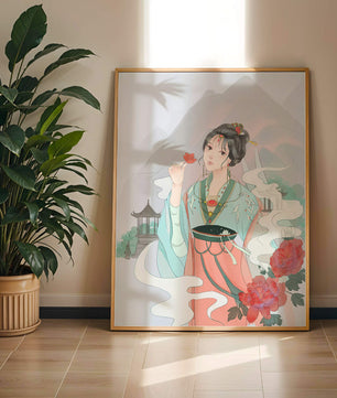Elegant Asian woman with flowers and mountain background