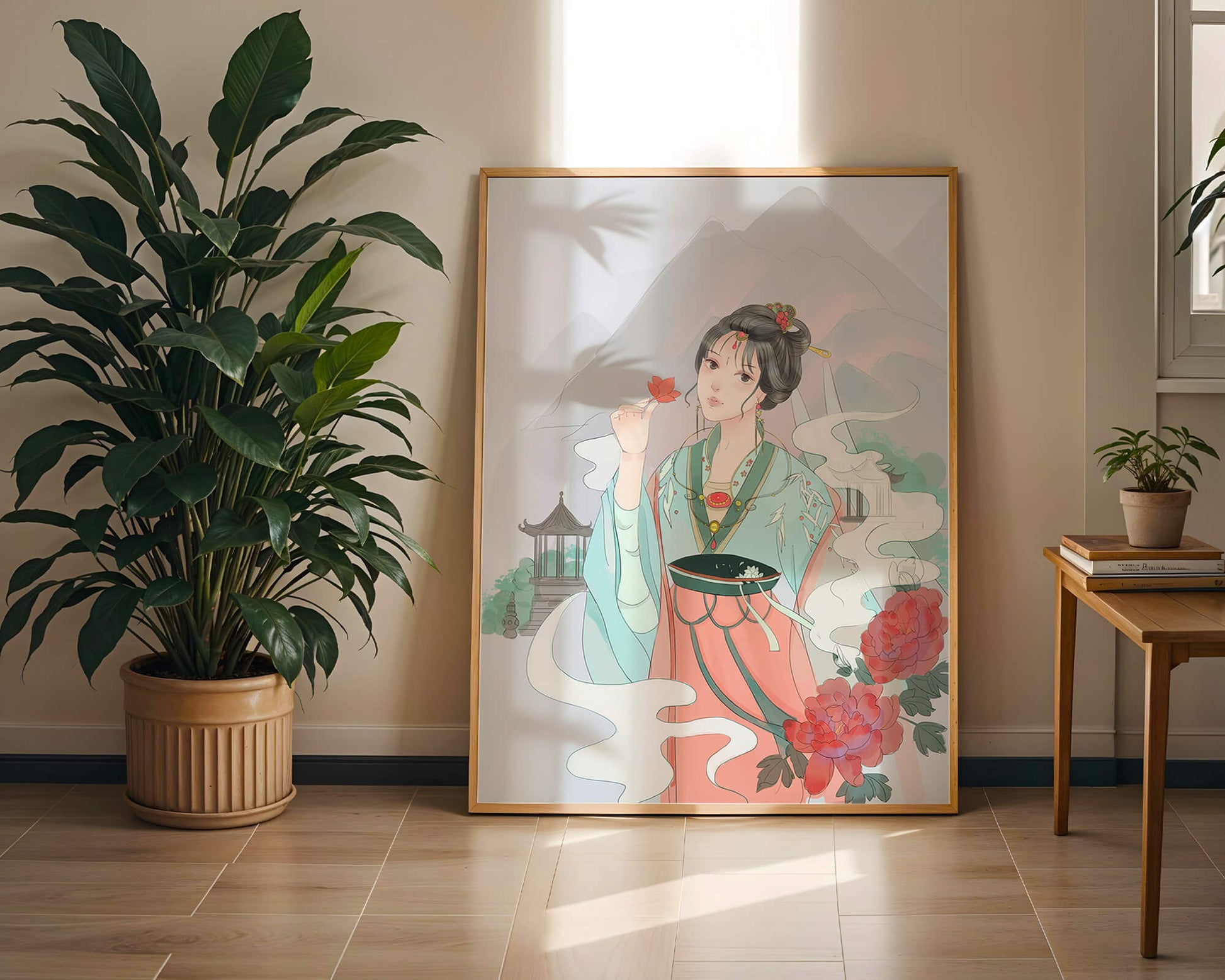 Elegante mujer asiática con flores y fondo de montaña.