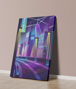 Futuristic Neon Cityscape with Illuminated Skyscrapers and Curved Road