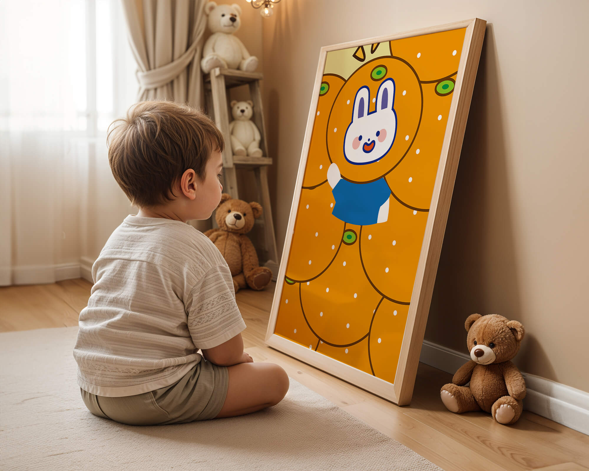Whimsical illustration of a bunny surrounded by oranges