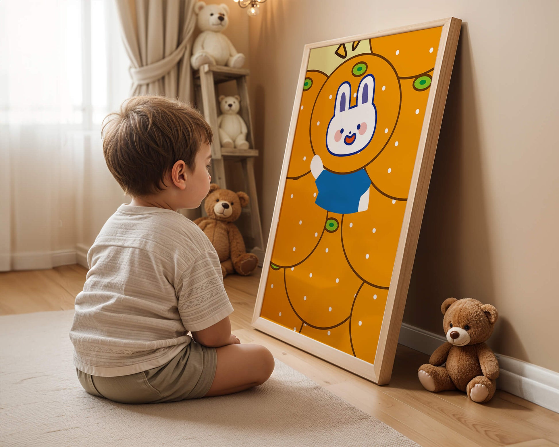Whimsical illustration of a bunny surrounded by oranges