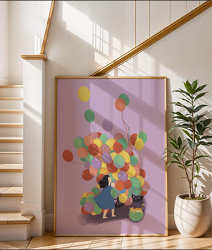 Bunte Luftballons mit einem Kind und einer Katze auf violettem Hintergrund