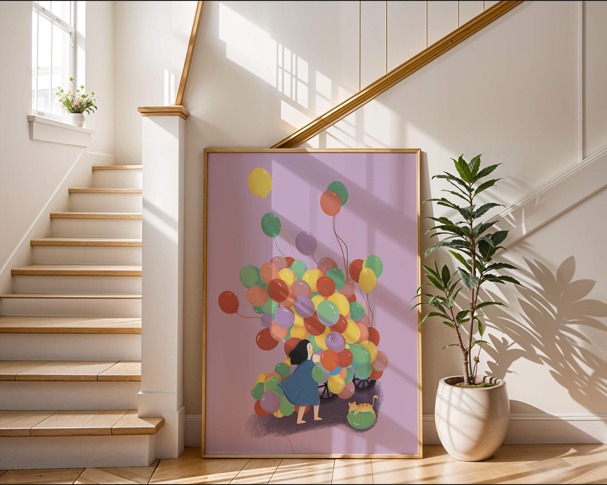 Bunte Luftballons mit einem Kind und einer Katze auf violettem Hintergrund