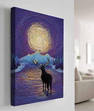 Moose Under Starry Night Sky with Radiant Moon
