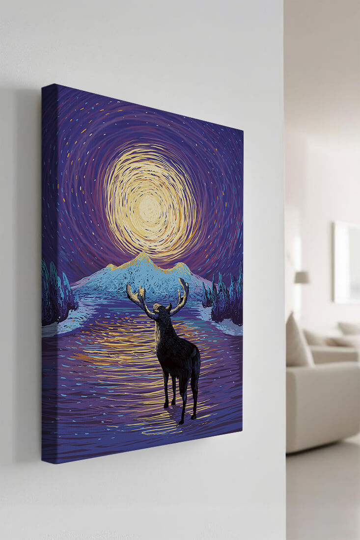 Moose Under Starry Night Sky with Radiant Moon