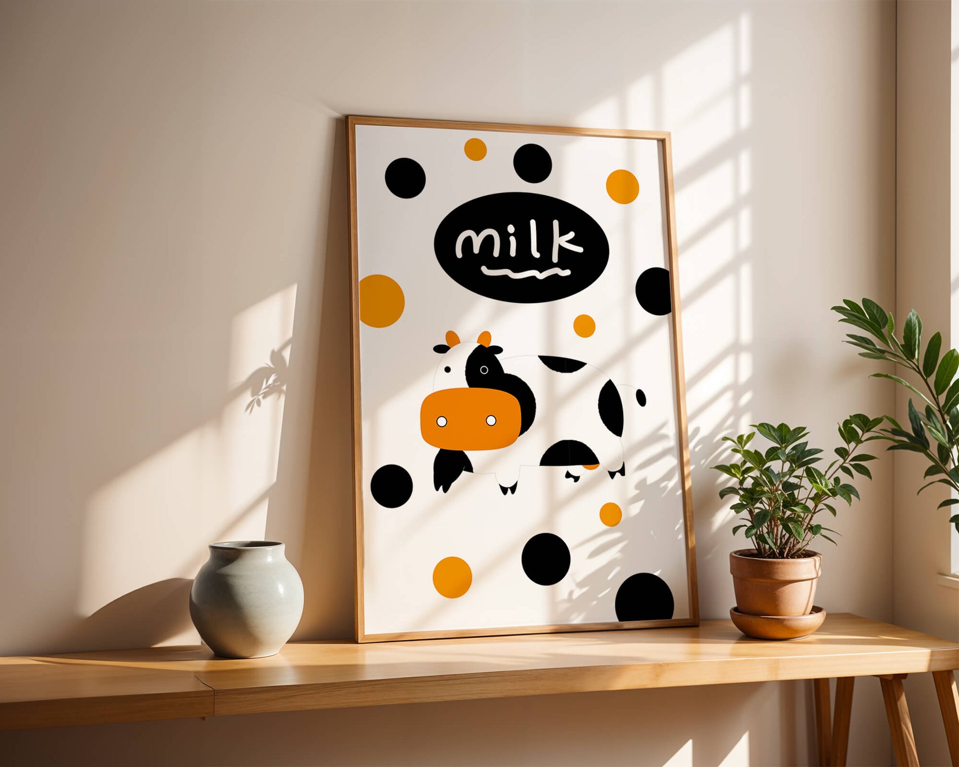 Illustrated cow with modern design and abstract elements