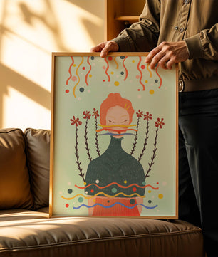 Whimsical Abstract Art of a Woman with Flowers and Streamers - Mi tienda