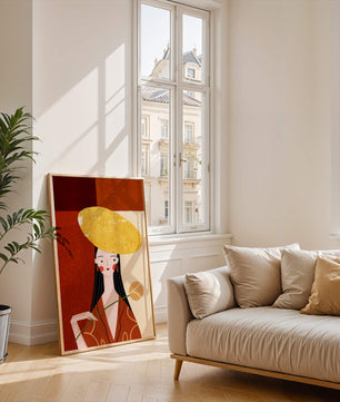 Elegant Woman with a Gold Hat and a Flower on a Red Background - Mi tienda