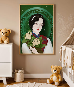 Elegant portrait of a woman with a bouquet of roses on a green abstract background