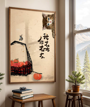 Ilustración tranquila con gatito, pájaro y cesta de tomates en tonos suaves