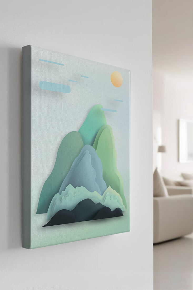 Minimalistic mountain landscape with vibrant colors and abstract layers