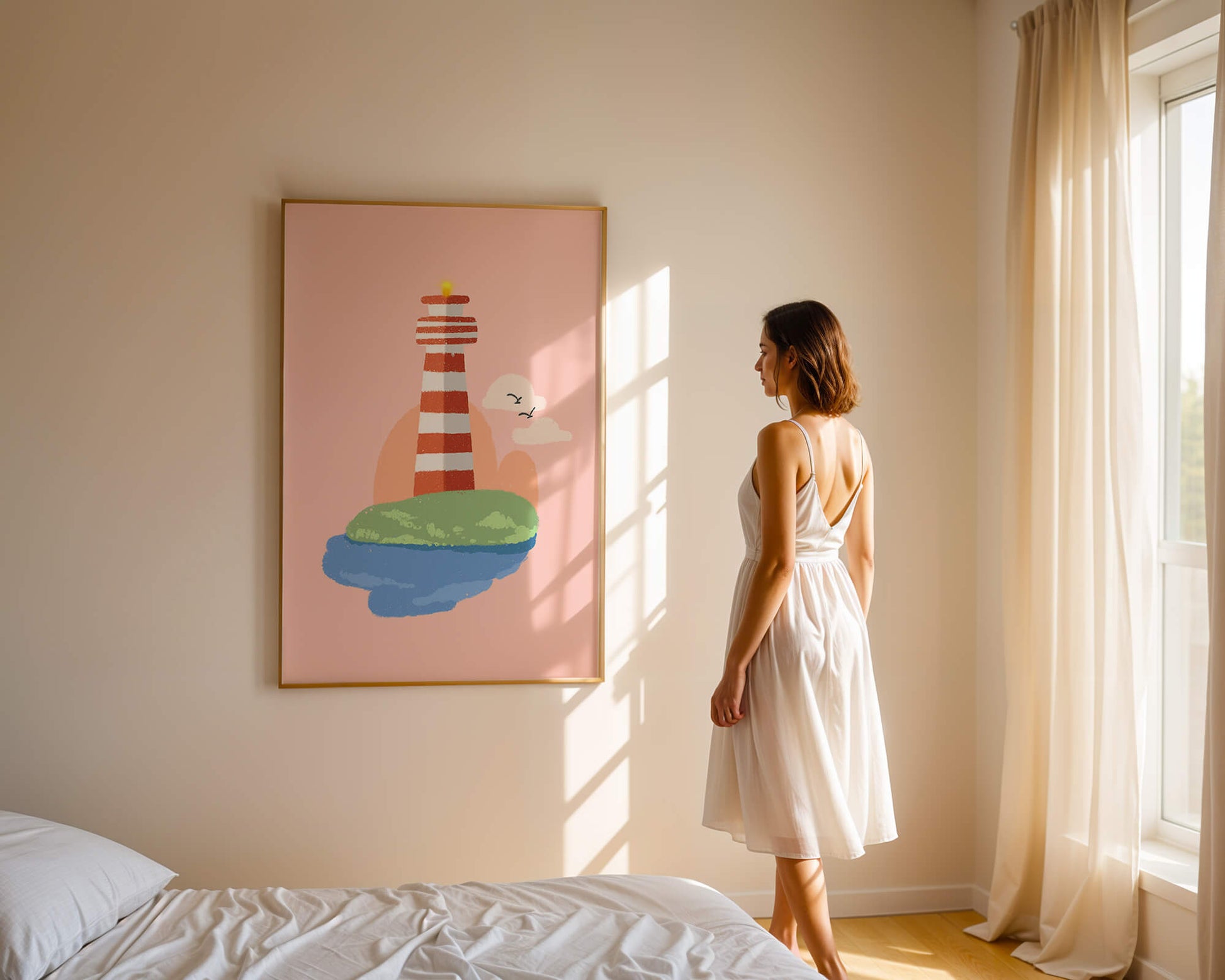 Ilustración encantadora de un faro con un entorno costero tranquilo