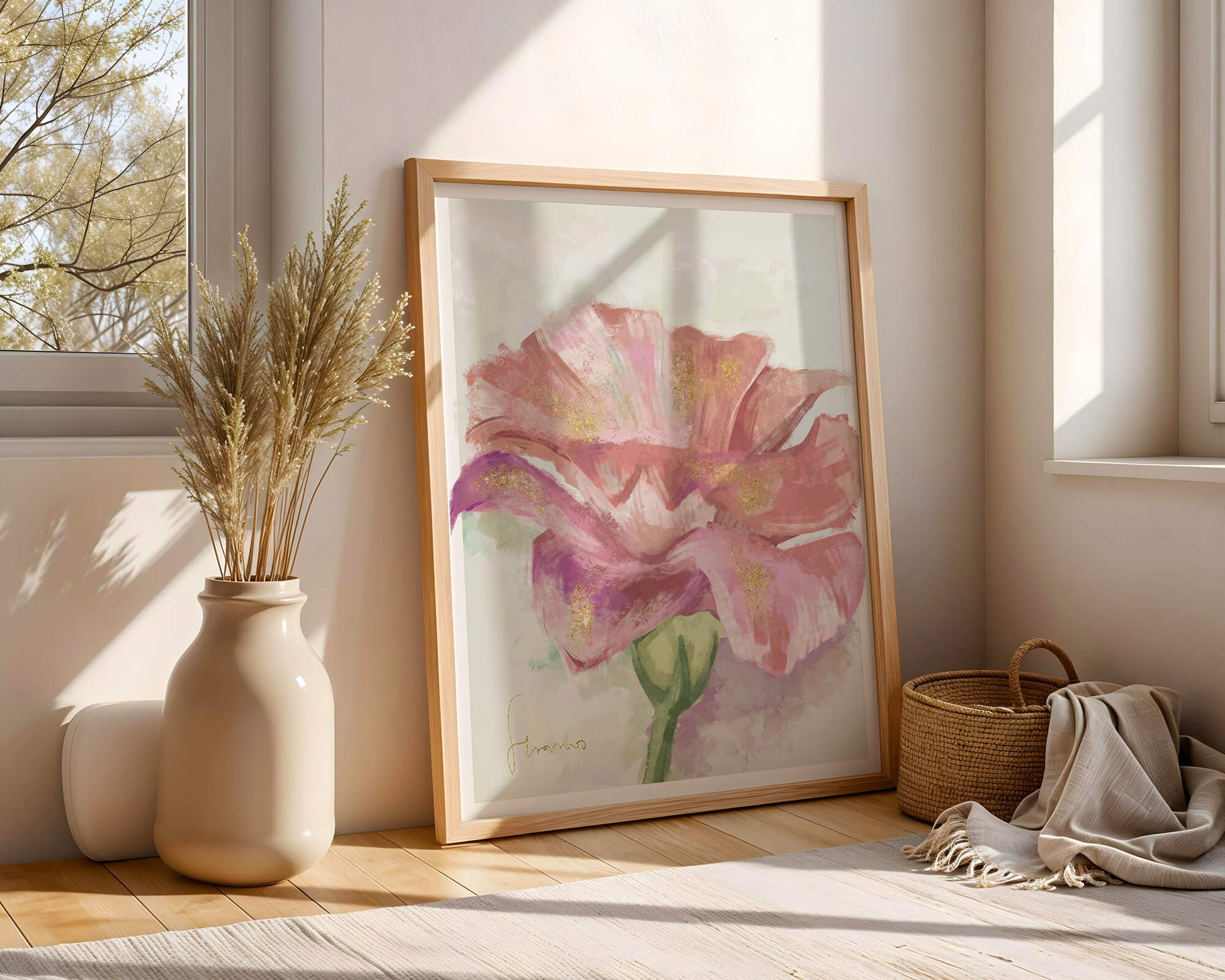 Beautiful pink flower painting with golden accents