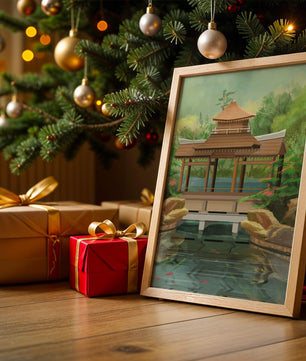 Traditional Japanese Garden Pavilion with Scenic Pond and Lush Greenery