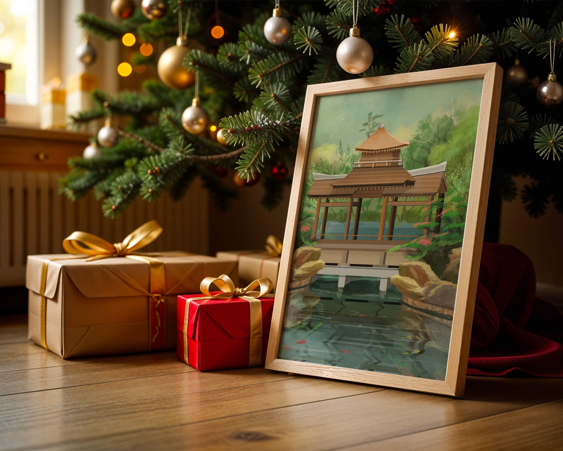 Traditional Japanese Garden Pavilion with Scenic Pond and Lush Greenery