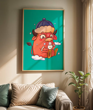 Winter cow cartoon with snowman on turquoise background