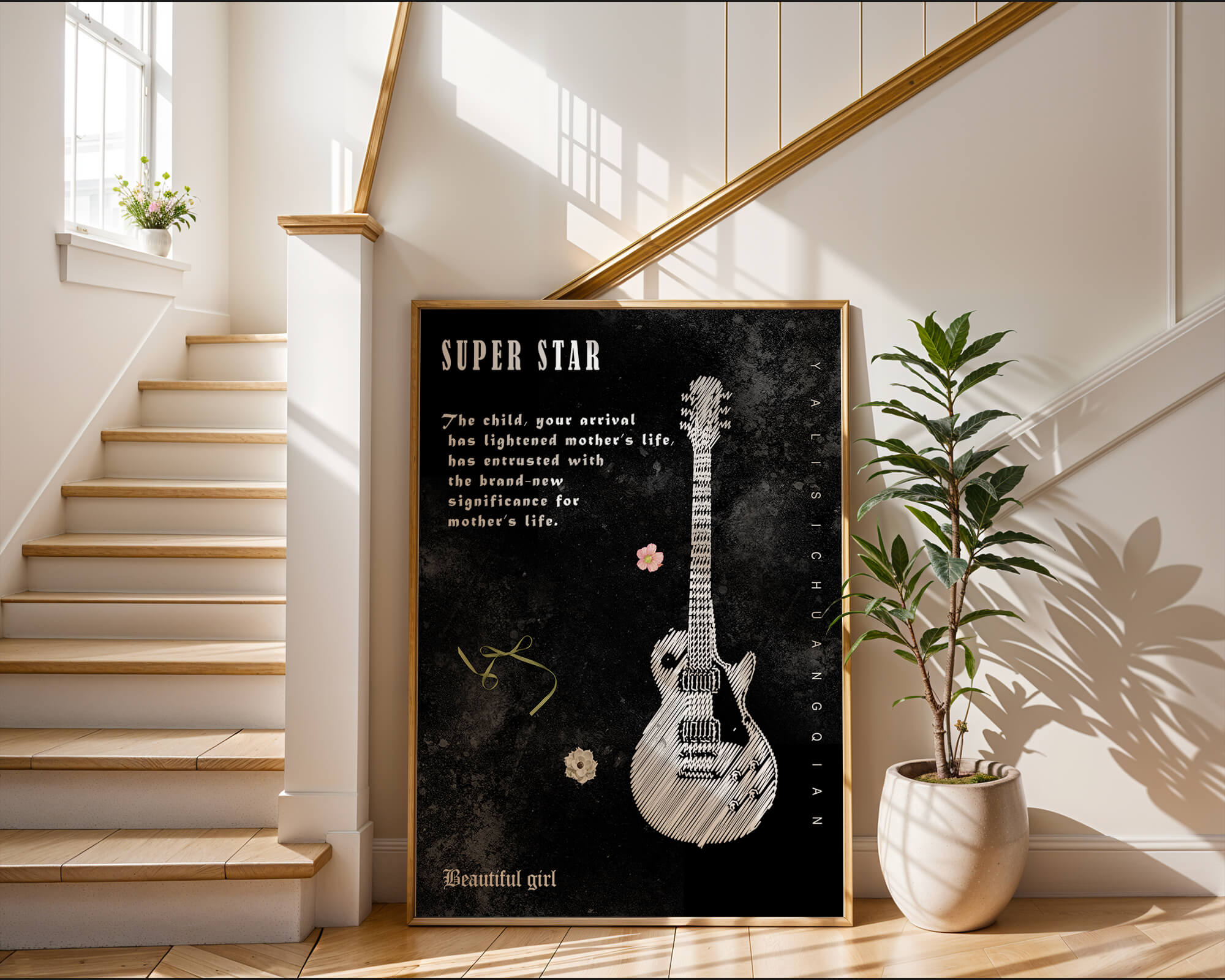 Artistic black and white guitar illustration with heartfelt text